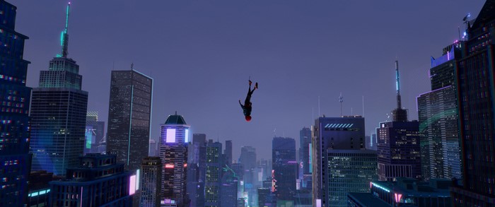 Miles Morales from Spider-Man: Into the Spider-Verse falling in a city