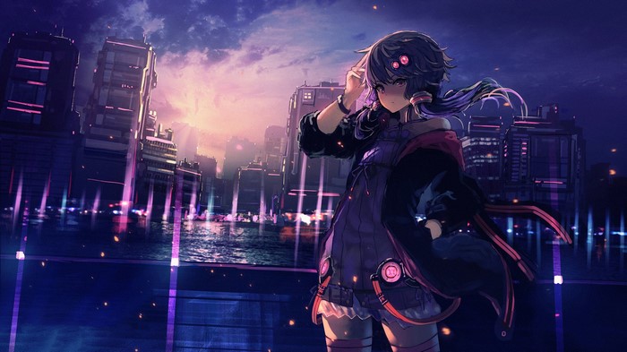 Anime girl with purple hair in a futuristic city