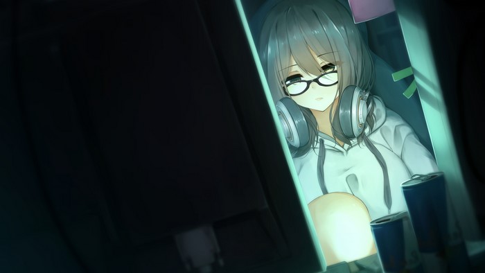 Anime girl with headphones and glasses