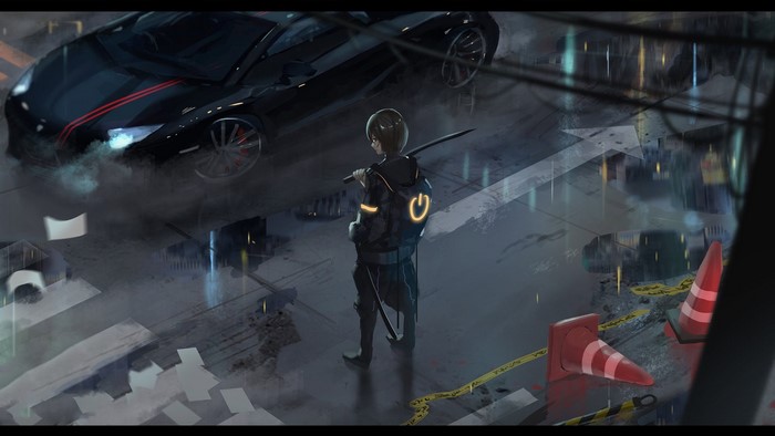 Anime girl with katana and black car in rain