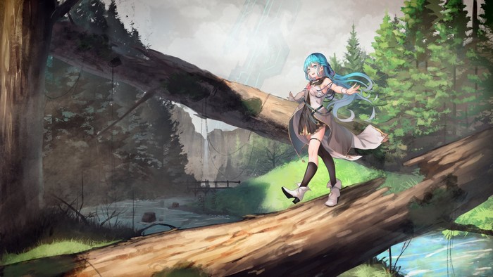 Anime girl with blue hair in a forest