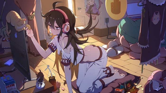 Girl with headphones feeding a cat in a messy room