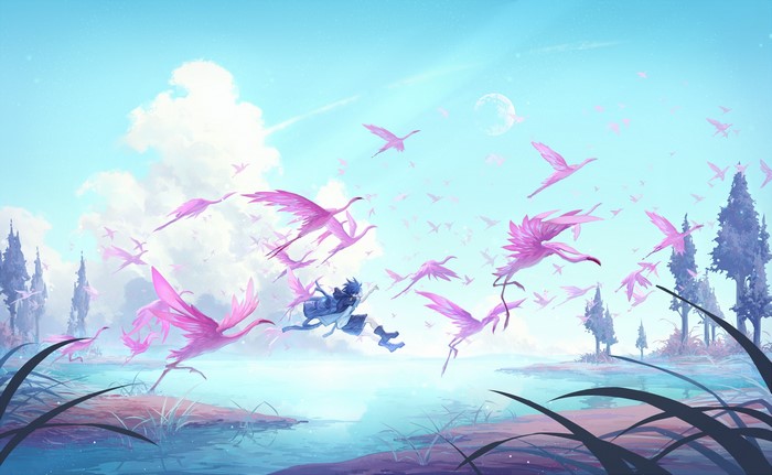 Anime boy running with pink flamingos in a surreal landscape