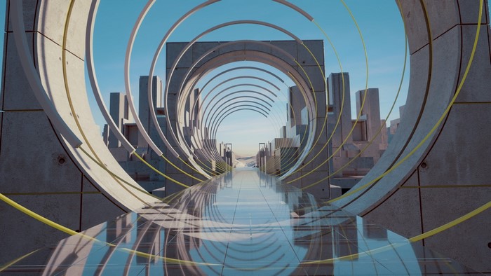 Sci-fi concrete archway with yellow rings and reflections