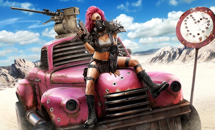 Apocalyptic woman with pink hair and guns on a pink truck