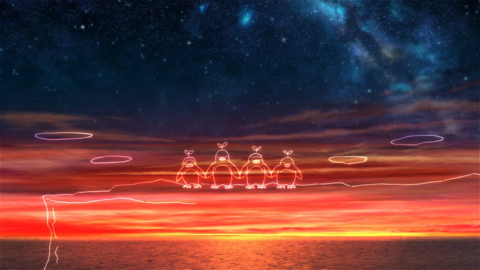 Four penguins holding hands against a sunset sky