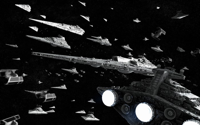 Star Wars fleet with Star Destroyers and TIE fighters