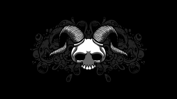 Skull with horns and dark creatures from The Binding of Isaac