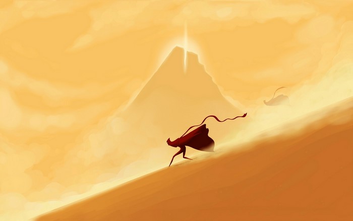 Journey game characters in a desert landscape