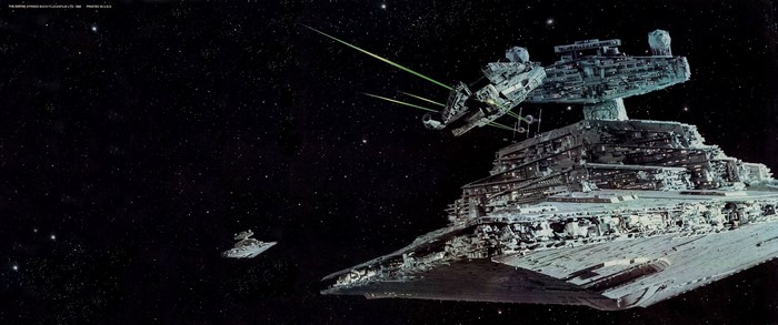 Millennium Falcon and Star Destroyers in space battle