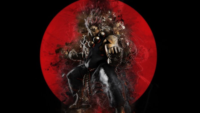 Akuma from Street Fighter in front of a red circle