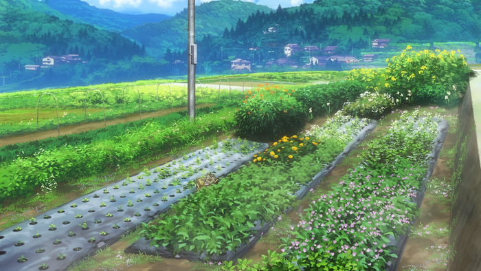 Anime landscape with farms and mountains