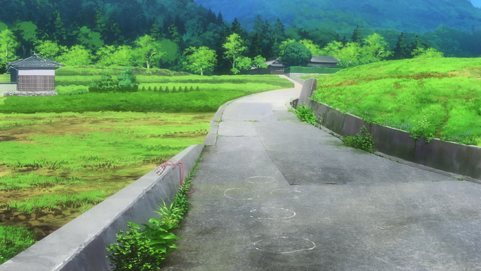 Landscape with a road and rice fields from Non Non Biyori