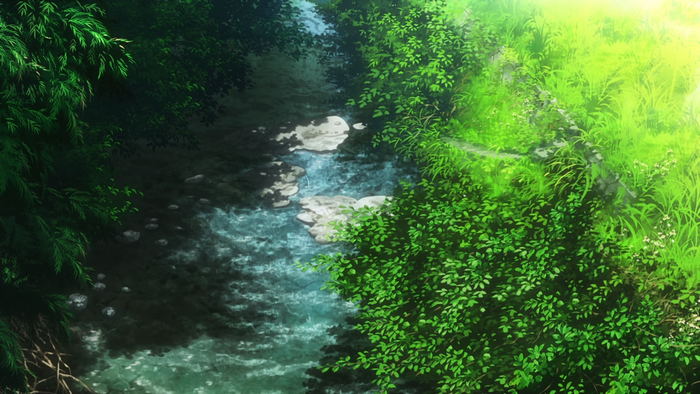 Anime nature scene with a river and greenery
