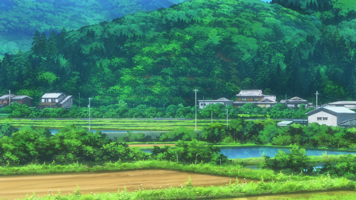 Anime landscape with houses and rice paddies