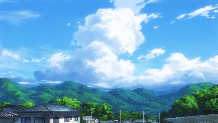 Non Non Biyori landscape with mountains and clouds