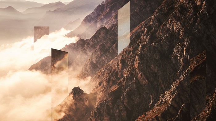 Digital art of mountains and clouds with geometric reflections