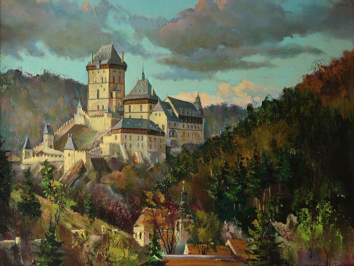 Oil painting of Karlstejn Castle in Czech Republic
