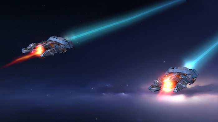 Two spaceships firing lasers in space