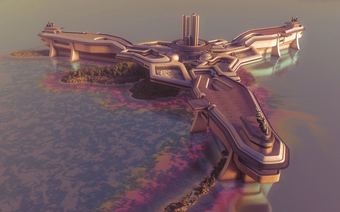 Futuristic science fiction building on water
