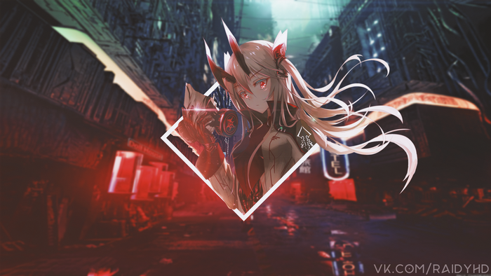 Anime girl with red eyes and horns in cyberpunk city