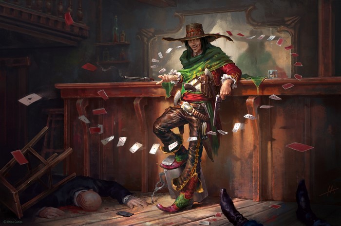 Man in cowboy hat throwing cards in a saloon