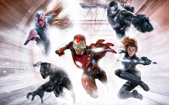 Black Panther, Iron Man, Vision, War Machine, and Black Widow from Marvel
