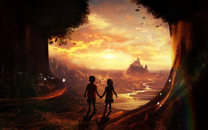 Children holding hands looking at fantasy landscape at sunset