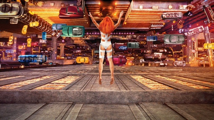 Leeloo from The Fifth Element jumping in a futuristic city