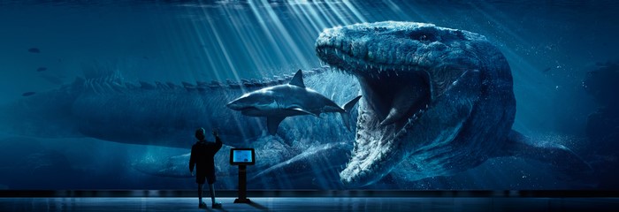 4K Jurassic World Digital Art with Shark and Dinosaur