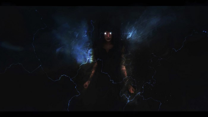 Dark fantasy girl with glowing eyes and lightning