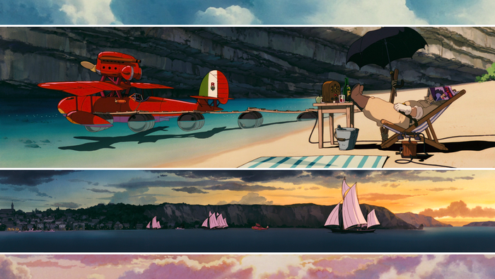 Porco Rosso seaplane on a beach with a man relaxing