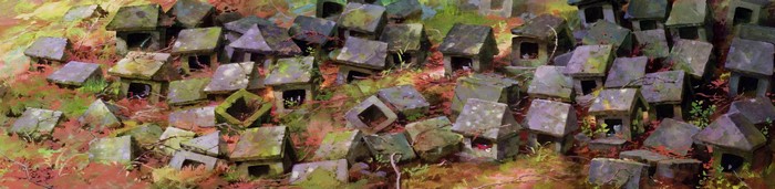 Spirited Away anime scene with small houses