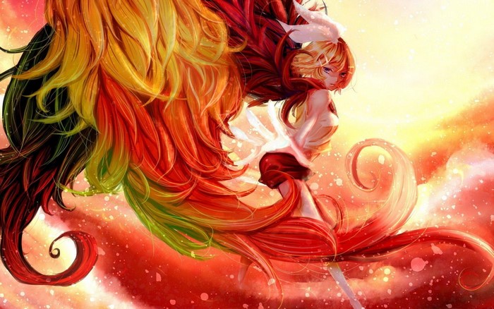 Kagamine Rin from Vocaloid with fiery hair