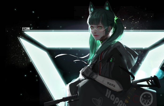 Anime girl with green hair and cat ears holding a weapon