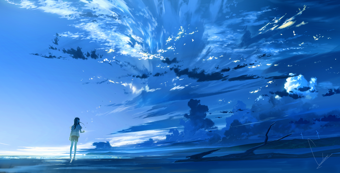 Digital Art of Blue Sky and Clouds with Anime Girl