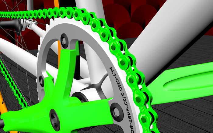 Close-up of a bicycle chain and crankset