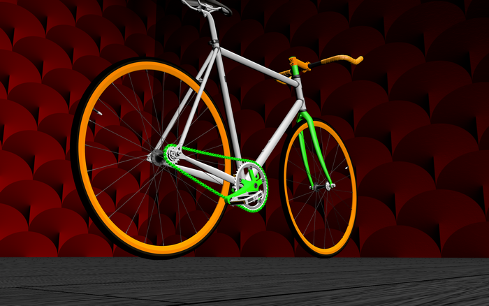 Fixie bicycle with orange rims and green chain