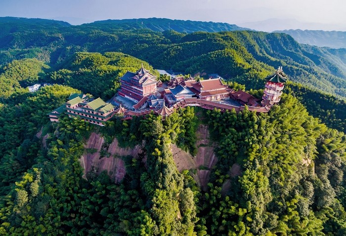 Ancient monastery complex on a forested mountain peak in China