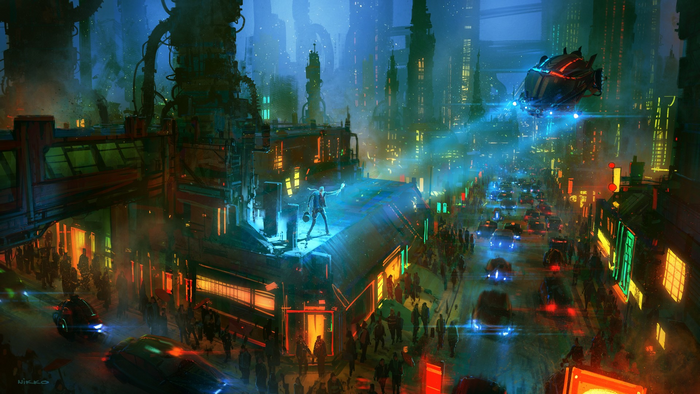 Futuristic city street with flying vehicle and crowds