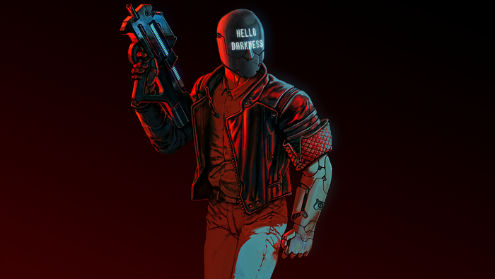 RUINER cyborg with gun and "HELLO DARKNESS" mask