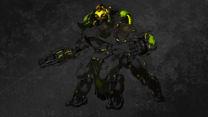 Orisa from Overwatch in dark armor with green accents