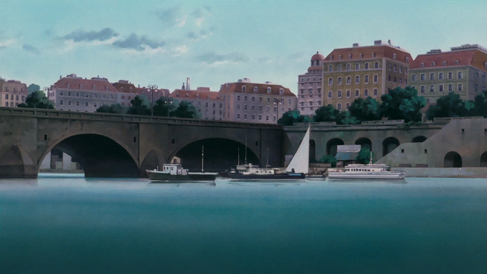 Anime cityscape with bridge and boats on a river