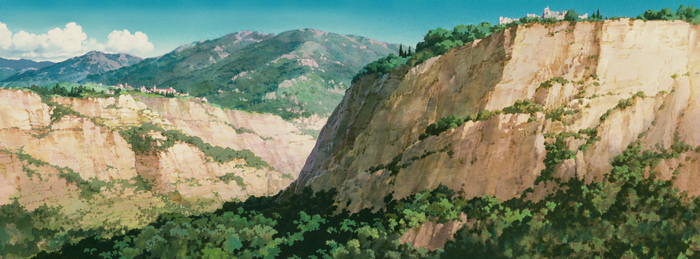 Anime landscape with mountains and a village