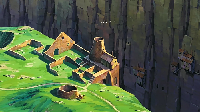 Ruins and cliffside buildings from Laputa: Castle in the Sky