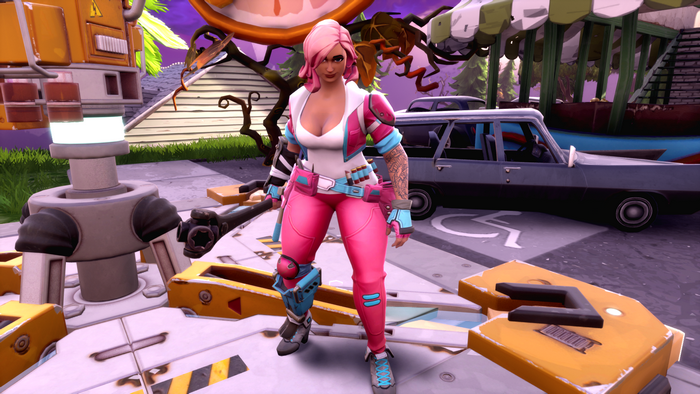 Penny from Fortnite standing in a suburban area