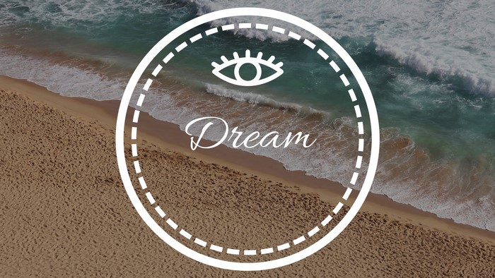 Beach with waves and a circle with an eye and the word Dream
