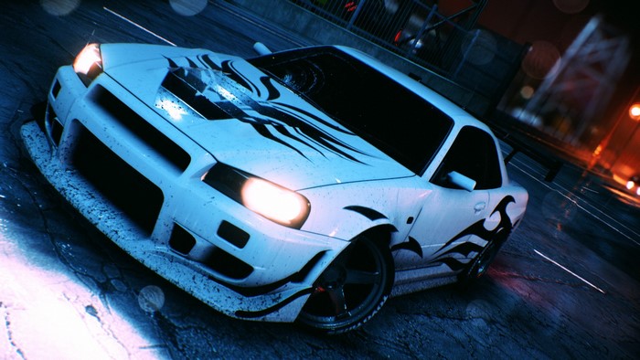 White Nissan Skyline R34 with tribal graphics in the rain