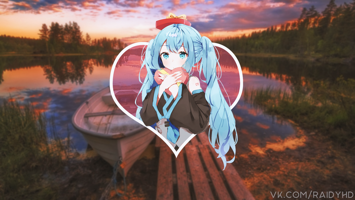 Hatsune Miku with heart and boat at sunset