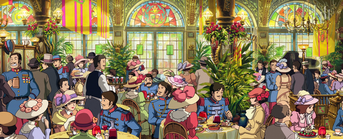 People dining in a colorful, ornate restaurant